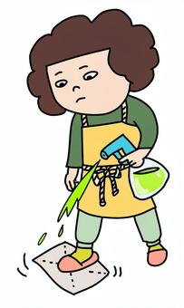 足で床拭きを掃除をする女性