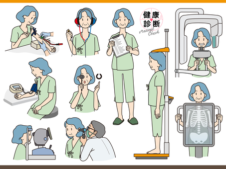 シニア女性健康診断セット 健康診断,人間ドック,シニア,女性,病院,健康センター,人物,検査着,採血,血圧測定のイラスト素材