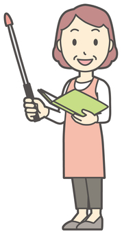  指示棒を持って笑顔で説明する中年の女性 説明,おばさん,人,女性,中年,おばちゃん,シニア,ママ,主婦,ヘルパーのイラスト素材