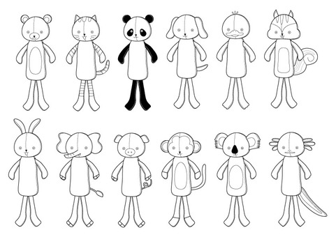 ぬいぐるみ動物モノクロ ぬいぐるみ,動物,線画,くま,ねこ,パンダ,いぬ,アヒル,リス,うさぎのイラスト素材