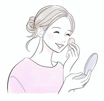 笑顔でファンデーションを塗る女性 人物,女性,美容,スキンケア,肌,ケア,保湿,保水,笑顔,潤いのイラスト素材