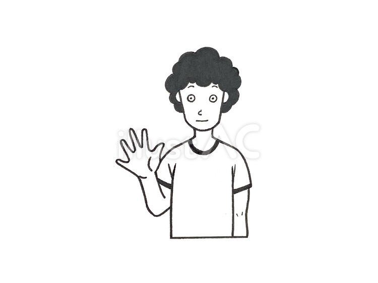 手を振るポーズのアフロヘアーの青年 男子,手書き,無表情のイラスト素材