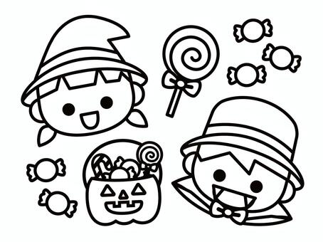 ハロウィンの子供達とお菓子の挿絵_白黒 ハロウィン,子供,お菓子,キャンディ,挿絵,白黒,モノクロ,線画,仮装,帽子のイラスト素材