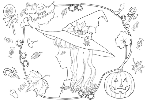 魔女風の女の子の塗り絵 塗り絵,線画,ハロウィン,女の子,とんがり帽子,魔女,10月,秋,ジャックオーランタン,かぼちゃのイラスト素材