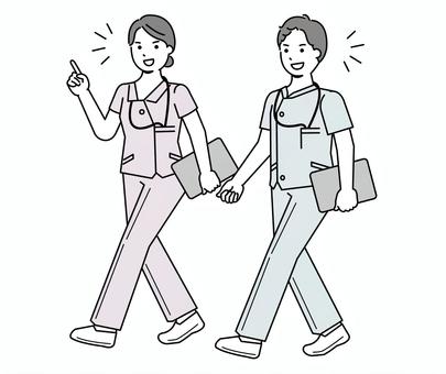 話し合いをしながら歩く看護師さんの男女 医療,病院,看護師,男性,女性,全身,看護士,ナース,ナース服,求人のイラスト素材