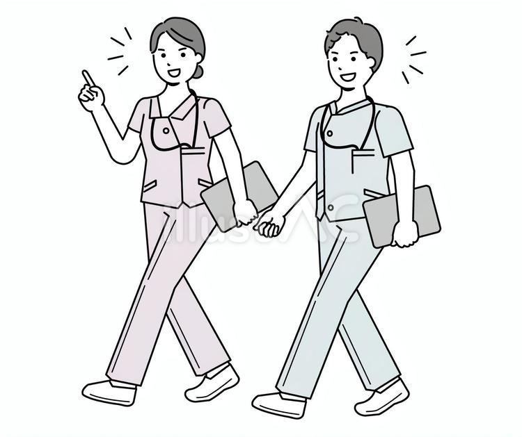 話し合いをしながら歩く看護師さんの男女 医療,病院,看護師のイラスト素材