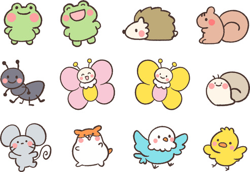 手書き風小さい動物アイコンセット 小さい,動物,生き物,可愛い,パステル,カエル,ちょうちょ,ハリネズミ,リス,アリのイラスト素材