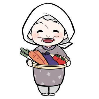野菜を持って笑顔の農家のおばあちゃん おばあちゃん,祖母,年配,農家,農作業,割烹着,人物,人,女性,立ち絵のイラスト素材