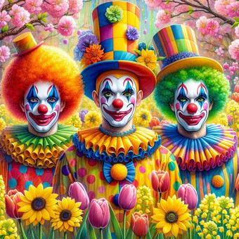 Three clowns standing in a place where flowers are in full bloom, , JPG