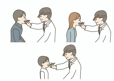 医師が喉の奥を診察する咽頭診察のセット 喉,診察,医師,医者,患者,耳鼻科,咽頭炎,扁桃炎,風邪,医療のイラスト素材