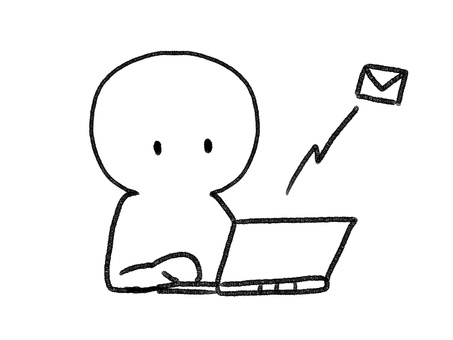 パソコンでメールを送信する棒人間の線画 棒人間,人物,パソコン,メール,送信,手描き,落書き,表情,黒,シンプルのイラスト素材