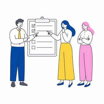 チェックリストを確認するビジネスチーム チェックリストを確認するビジネスチーム 人物,男女,ビジネス,チェック,リスト,確認,指差し,提案,計画,作業のイラスト素材