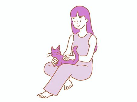 猫を可愛がる女性 猫,女性,ペット,友達,可愛がる,撫でる,女の人,人,ロングヘア,かわいいのイラスト素材