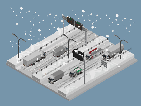 冬の交通 トラック,ダンプ,高速道路,アイソメトリック,雪,クレーン付きトラック,道路標示版,街灯のイラスト素材