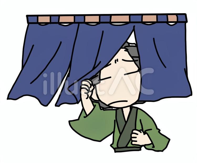 不満顔で暖簾をくぐる町民 暖簾,のれん,町民のイラスト素材
