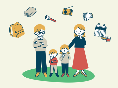 防災を考える家族 災害,地図,避難,非常食,保存食,防災バッグ,水害,大人,子ども,家族のイラスト素材