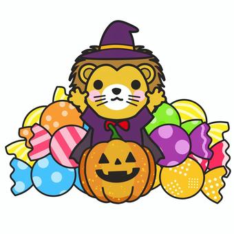 ハロウィングッズで楽しそうなライオン ハロウィン,コスプレ,マント,帽子,ジャックオランタン,橙,オレンジ,10月,行事,季節のイラスト素材