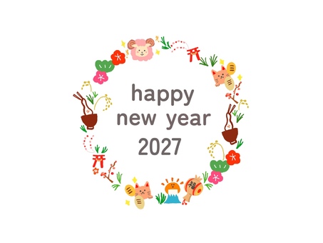 年賀状素材　お正月モチーフのリース_02 年賀状,未,未年,ひつじ,2027年,令和9年,令和九年,年賀はがき,干支,お正月のイラスト素材