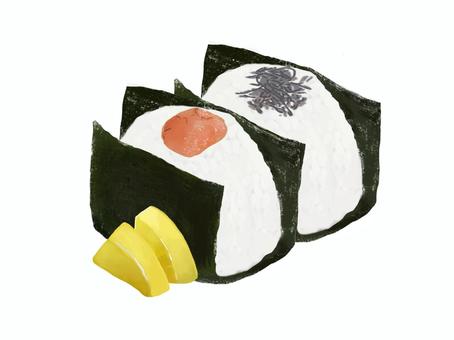 たらこと塩昆布のおにぎり（単品） たらこ,塩昆布,単品,沢庵,おにぎり,おむすび,にぎりめし,握り飯,ごはん,白米のイラスト素材