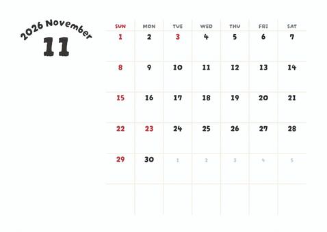2026年11月カレンダー かわいい文字 カレンダー,2026年,2026年カレンダー,11月,１１月,11月カレンダー,カレンダー11月,十一月,2026年11月カレンダー,秋のイラスト素材