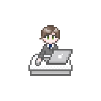ドット絵のパソコンを使う男性会社員 ドット絵,ピクセル,パソコン,ノートパソコン,pc,端末,マウス,操作,クリック,オンラインのイラスト素材
