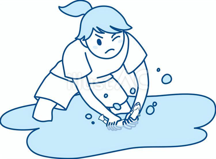 魚つかみで魚をつかんでいる女の子 魚つかみ,川遊び,子どものイラスト素材