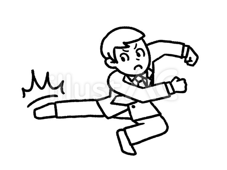 【白黒】ソバットする会社員【線画】　 ソバット,キック,蹴りのイラスト素材