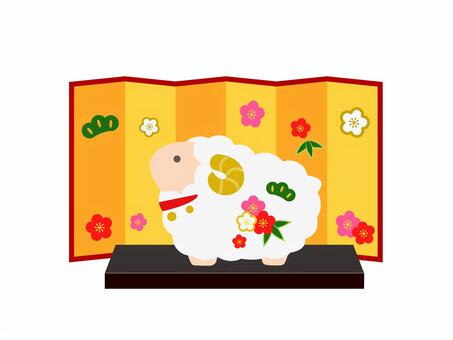 干支の未の置物と屏風 未,羊,干支,未年,正月,年賀状,屏風,置物,梅,松のイラスト素材