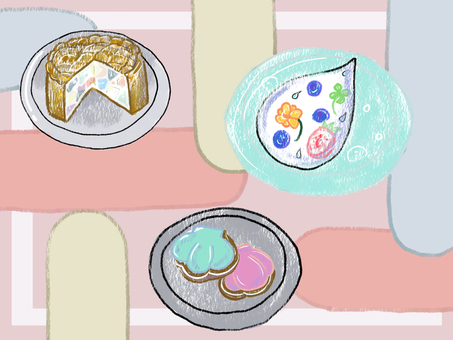 スイーツ　クレヨン手描き 手描き,クレヨン,パイ,サブレ,クッキー,ゼリー,カフェ,スイーツ,デザートのイラスト素材