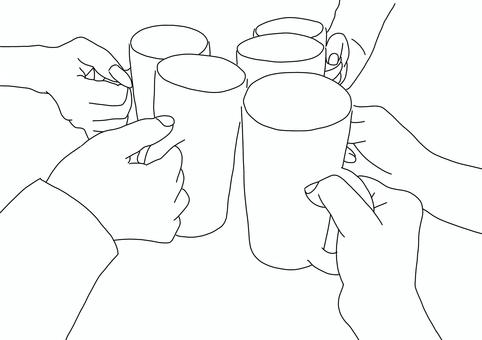 乾杯線画 飲み会,乾杯,ビール,グラス,ジョッキ,線画,ネイル,5人,手,合コンのイラスト素材