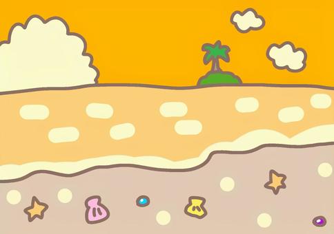 海、夕焼けの背景用イラスト 海,背景,夕焼け,貝殻,ひとで,ヤシの木,砂浜,かわいい,イラストのイラスト素材