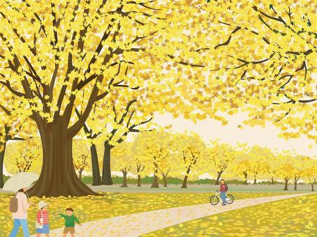 イチョウ並木風景イラスト イチョウ並木,銀杏,秋,紅葉,家族,男性,自転車,風景,公園,並木のイラスト素材