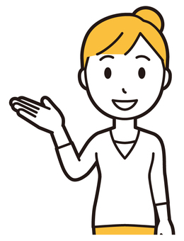 左に手をかざして案内している主婦 案内,笑顔,女性,主婦,ママ,長袖,シャツ,半端袖,お団子,アップヘアのイラスト素材