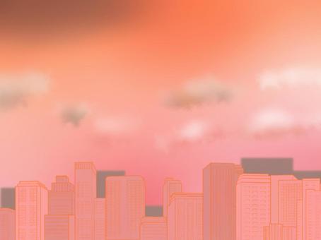 夕焼け空のイラスト 夕焼け,空,ビル,風景,手描き,きれいのイラスト素材