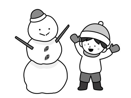 雪だるま完成させて嬉しい男の子、モノクロ 雪だるま,嬉しい,完成,成功,男の子,少年,こども,人物,幼い,小学生のイラスト素材