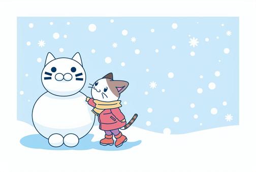 雪だるまの猫と三毛猫さんのカード3雪景色