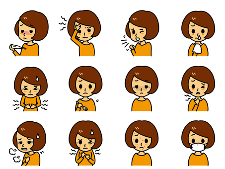 病気の症状 若い女性 病気の症状 若い女性 病気,症状,発熱,頭痛,咳,鼻水,腹痛,食欲不振,顔色,呼吸困難のイラスト素材