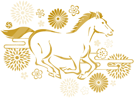 筆書き風の駆ける馬と花々　金 馬,午年,駆ける,お正月,動物,生き物,干支,2026年,令和8年,新年のイラスト素材