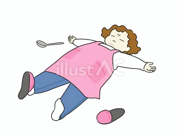 大の字になるエプロンをした女性 大の字,お母さん,ストライキのイラスト素材