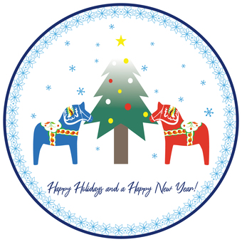 ダーラナホース冬の挨拶SNS用白丸背景 冬,馬,クリスマス,冬休み,年賀,クリスマスツリー,ダーラナホース,北欧,雪,伝統模様のイラスト素材