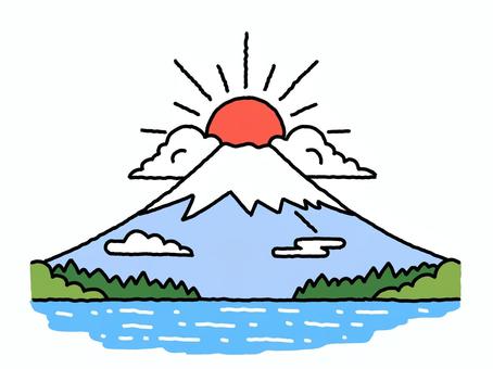 初日の出と富士山 富士山,正月,日の出,湖,新年,年賀状,お正月,新春,縁起物,開運のイラスト素材