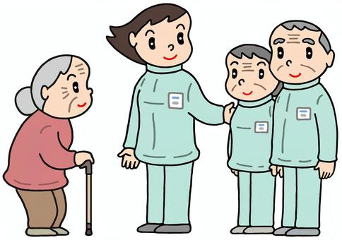 介護現場のシニア活用 シニア活用,人材確保,シルバー人材,介護職,介護現場,高齢者,介護,社会問題,お婆さん,お爺さんのイラスト素材