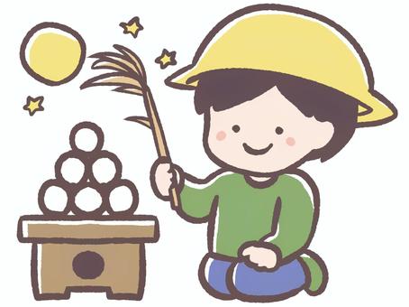 秋のお月見をする保育園の子供とお月見団子 お月見,男の子,子供,秋,9月,10月,保育園,幼稚園,児童,園児のイラスト素材