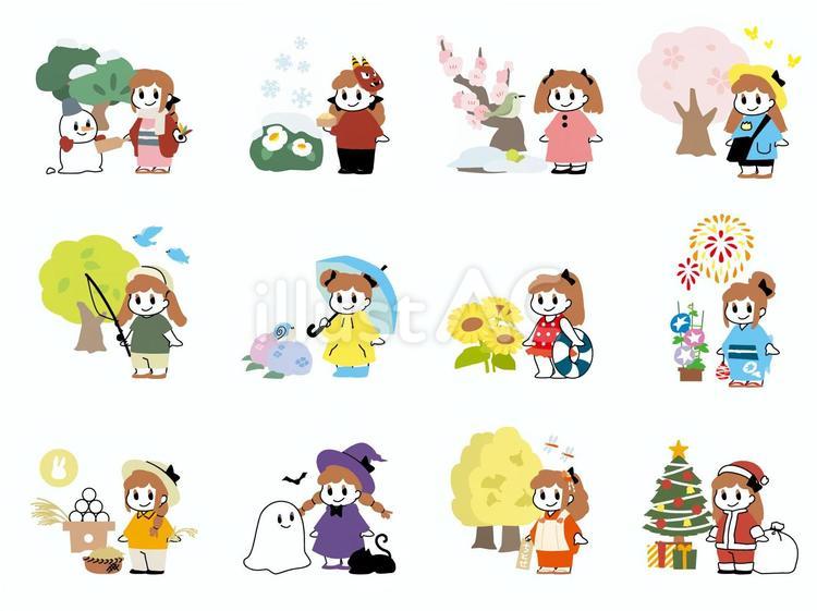 年中行事 子ども,１月,２月のイラスト素材