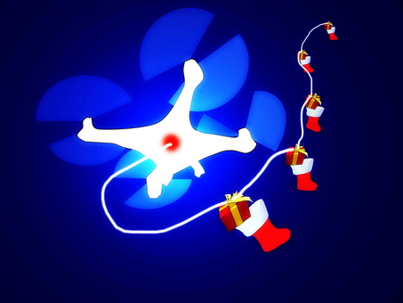 ドローンとクリスマスプレゼント ドローン,クリスマス,プレゼント,空,無人飛行機,冬,12月,長ぐつ,赤色,景色のイラスト素材
