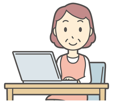 ノートパソコンを使っているおばさん パソコン,女性,人,主婦,中年,シニア,エプロン,ママ,お母さん,おかんのイラスト素材