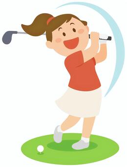 ゴルフスイング　女性（赤） スイング,ゴルフ,ゴルファー,ティーショット,ナイスショット,軌道,コンペ,挿絵,アイコン,シンプルのイラスト素材