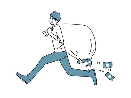 走りながら袋からお金をこぼす男性 男性,お金,慌てる,走る,全身,袋,消費,支出,社会人,ビジネスマンのイラスト素材