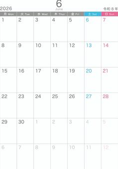 シンプル_2026_06_縦_月始 シンプル_2026_06_縦_月始 カレンダー,2026,6月,june,令和8年,月曜始め,おしゃれ,かわいい,冬,記念日なしのイラスト素材