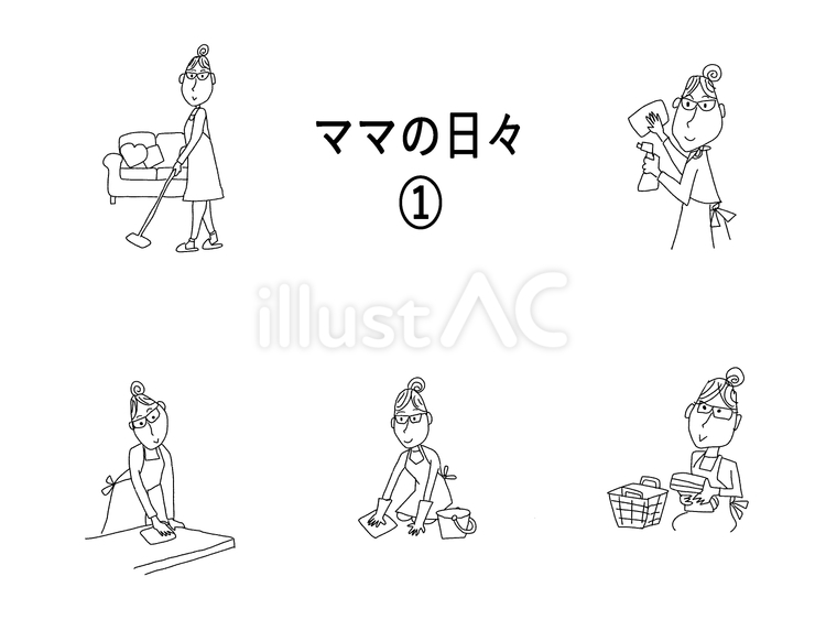 ママの日々①　線のみ ママ,お母さん,家事のイラスト素材
